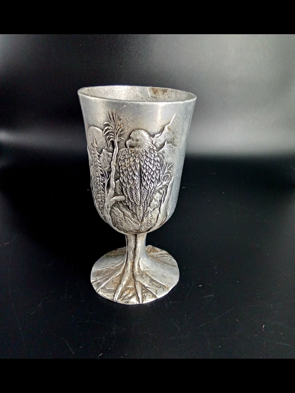 Decorative Pewter Goblet with Embossed Bald Eagle  Design - Silver